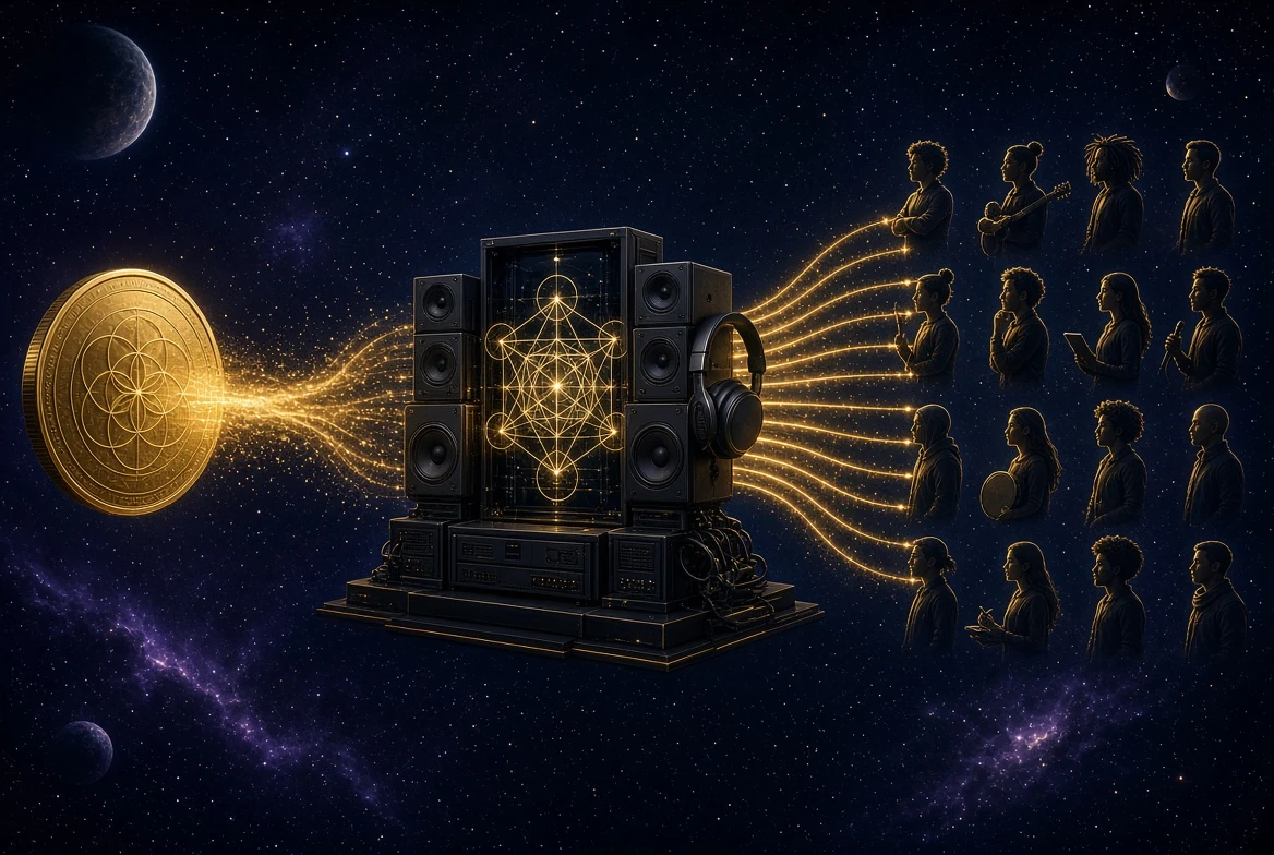 A glowing coin sends golden light through a speaker system etched with sacred geometry, flowing out to a starlit constellation of artist silhouettes, representing value and sound moving directly to the creators.