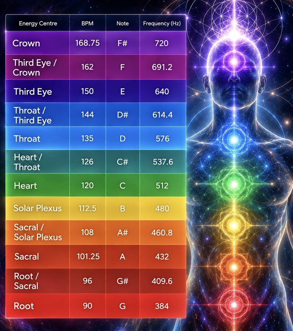 A table mapping each energy centre, and the bridging steps between them, to its BPM, musical note and frequency in Hz - from Root at 90 BPM, G, 384Hz up to Crown at 168.75 BPM, F#, 720Hz - beside a glowing figure with a sacred-geometry glyph at each centre.