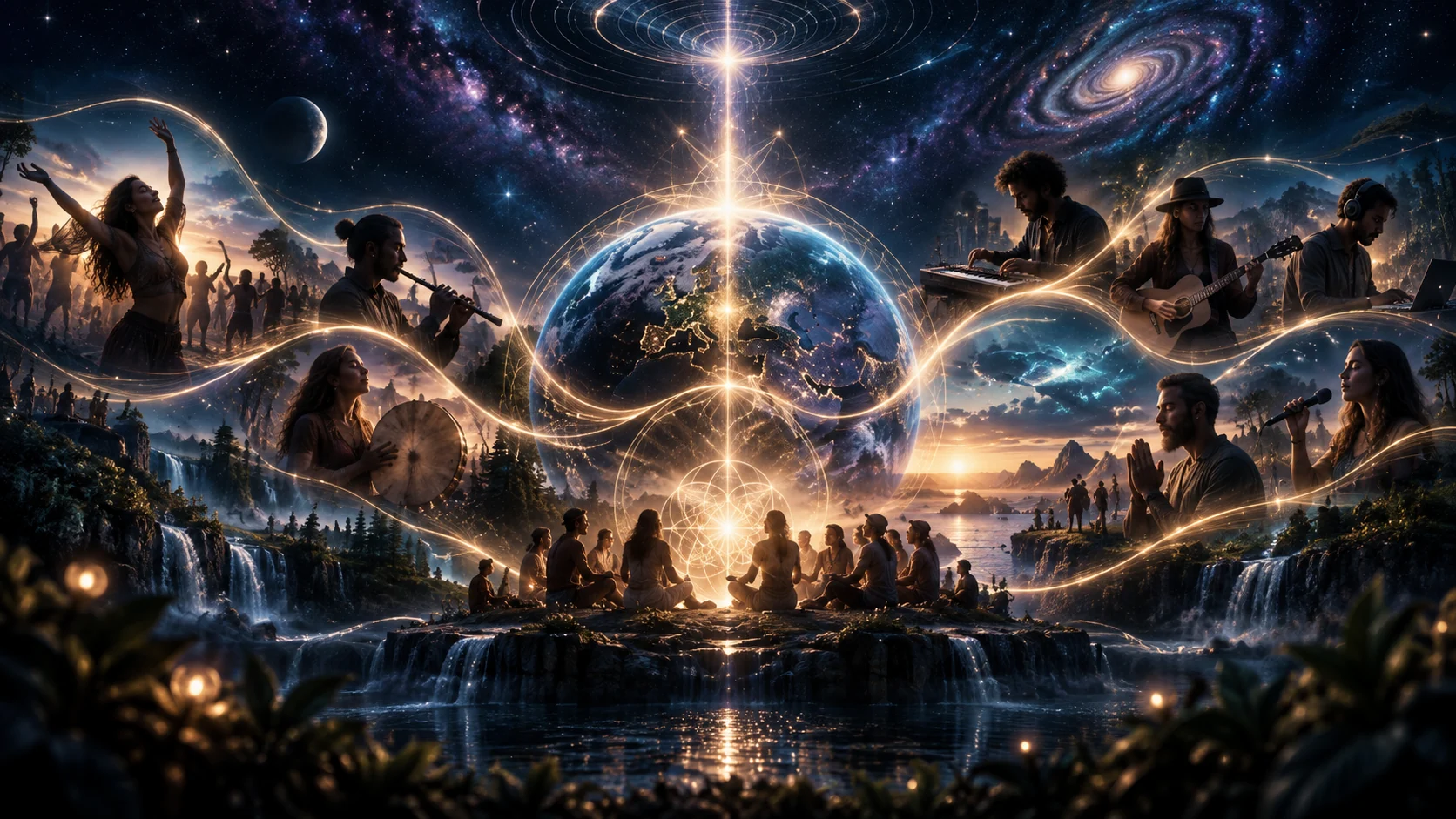 Glowing ribbons of light carry dancers, drummers, flute players, keyboardists, guitarists, DJs and singers around a luminous Earth, as a circle of people sits together in meditation before waterfalls and a rising sun beneath a spiral galaxy
