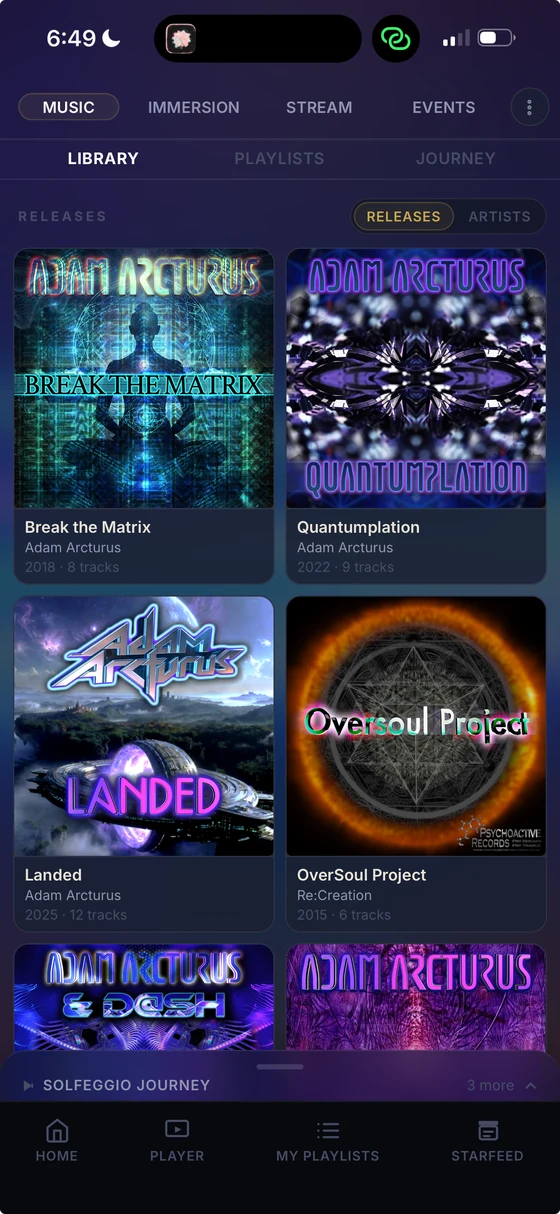 The Galactiv8 Music app open on an iPhone, showing the release library