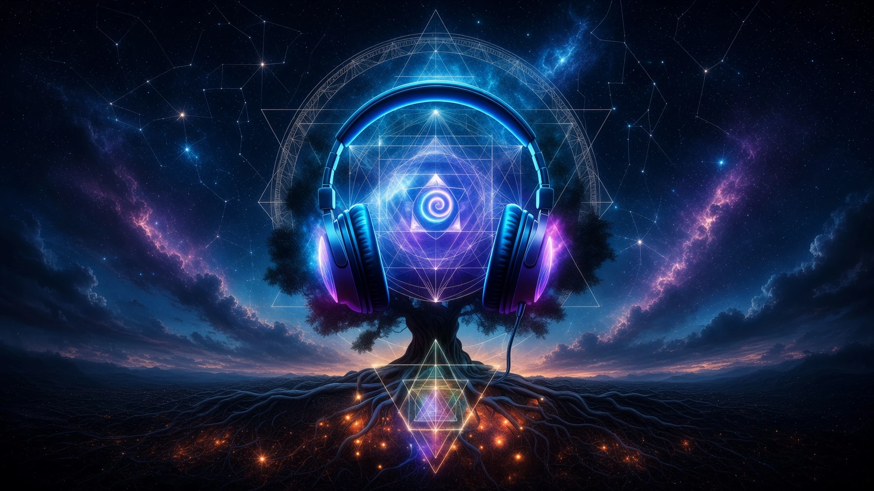 A tree wearing large glowing headphones, its centre marked with a spiral inside sacred geometry patterns, roots glowing with light beneath a starry, nebula-filled night sky.